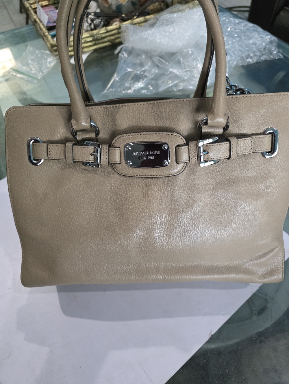 Michael Kors Hamilton  Beige Leather Tote with Silver Hardware
